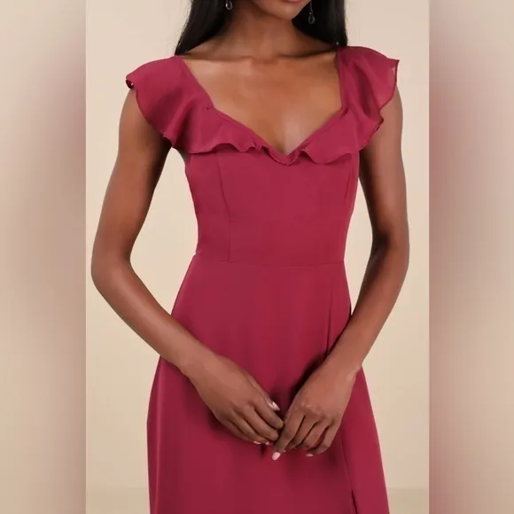 Lulus NEW Sweetest Entrance Dark Magenta Ruffled Tie-Back Maxi Dress Bridesmaid Chic - Image 6