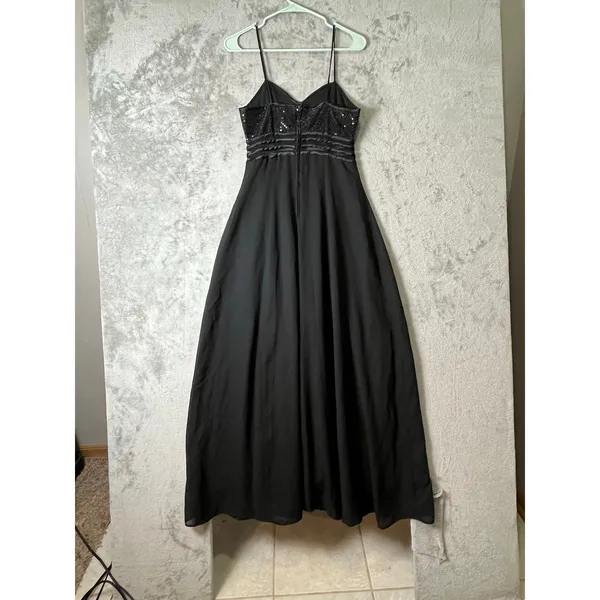 Vintage Y2K Black Ballgown Sequin Formal Dress Dark Glam Prom Princess USA Small - Image 3