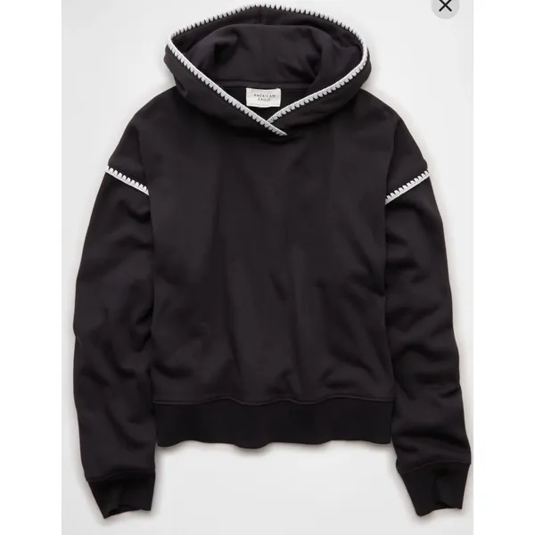American Eagle Grey Hoodie Whipstitch Crochet Contrast Trim Oversized XL - Image 4
