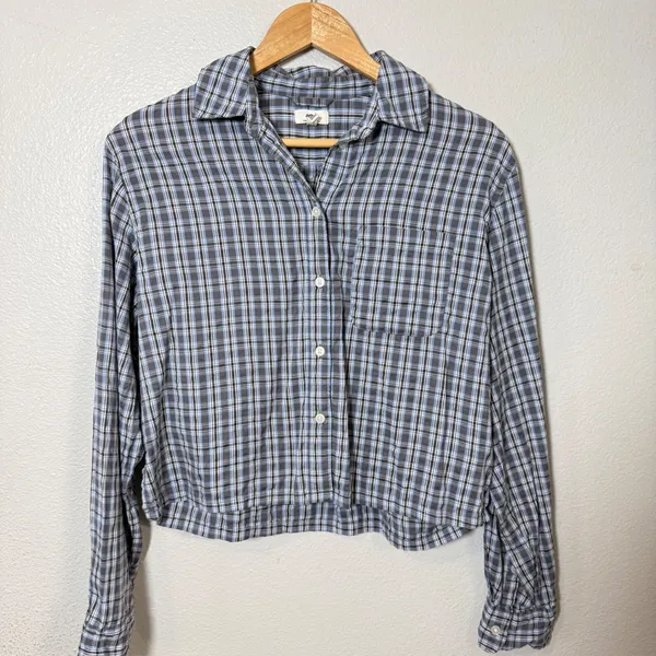 Aerie Plaid Cropped Button Up Shirt Womens XS Blue‎ Grey Long Sleeve Casual - Image 7