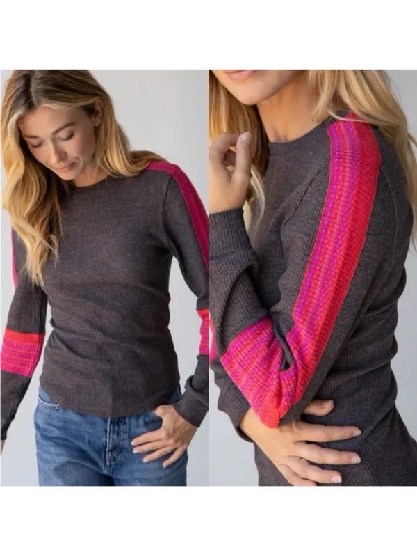 Natural Life London Trim Thermal Knit Top Gray Pink Size Medium Long Sleeves - Image 2