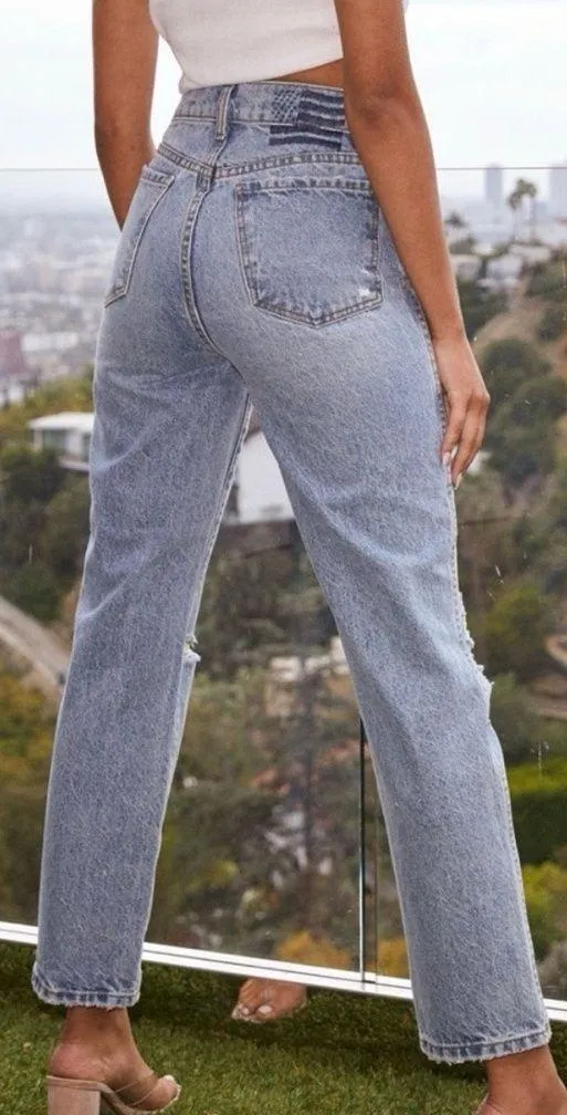 Revice Denim Frontrunner High Rise Distressed Straight Leg Jeans Grand Prix Light Wash - Image 2