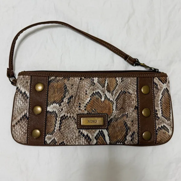 XOXO Snakeskin Print Wristlet Clutch Brown‎ Faux Leather Studded Bag Y2K - Image 10