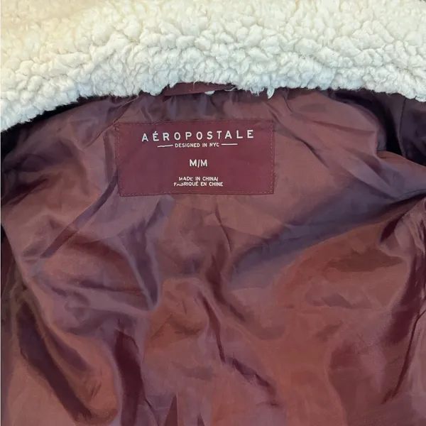 Aéropostale Sherpa Lined Puffer Vest Medium Burgundy Faux Fur Hood Winter - Image 7