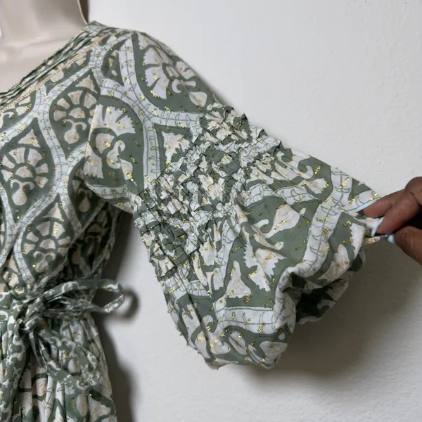 Anthropologie‎ Ash Eden Women 100% Cotton Mini Wrap Dress XS Green Cottage Party - Image 7