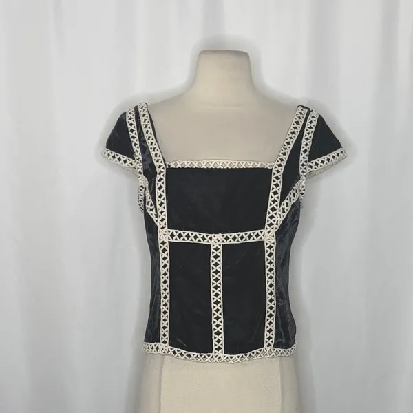 NWT!! FREE PEOPLE Tyler Velvet Corset Top Black Cream Embroidered Bohemian Large - Image 3