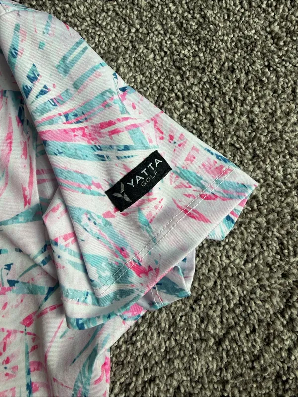 Yatta Golf Women’s M Pink Teal Tropical Palm Print Polo Shirt 19/24 Logo - Image 5