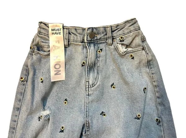 NWT Womens Y2K Retro Sunflower 90s Embroidered Loose Mom Jeans - Sz 0 - Image 3