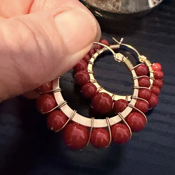 Lot of 2 Pair hoop earrings silver tone round latch back red beaded metal - Image 2