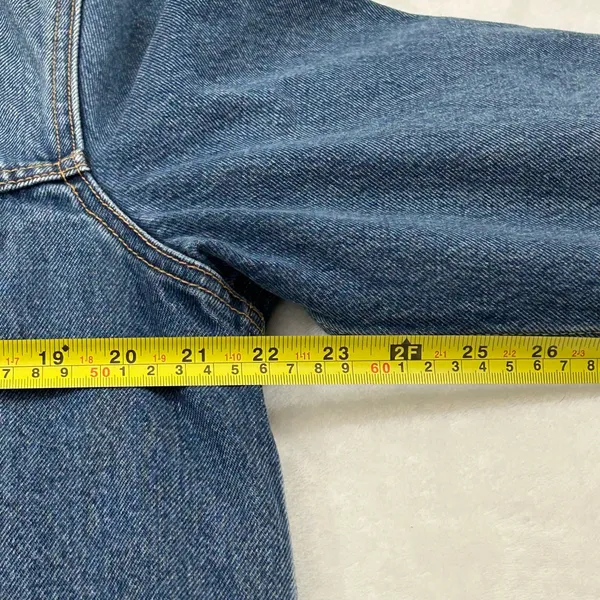 Levi’s Premium Blue Denim Sherpa Snap Button Long Trucker Jean Jacket Unisex S - Image 12