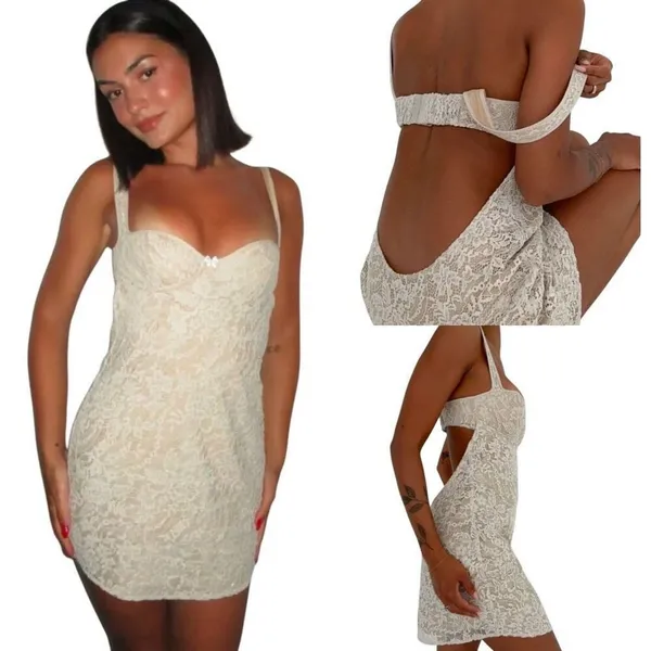 Rumored Loverboy Mini Dress Cream Lace‎ MEDIUM Lacy Feminine Open Back Croquette - Image 2