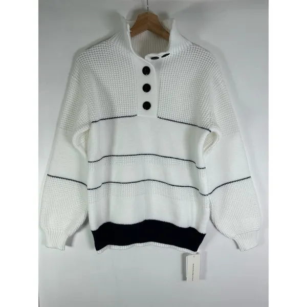 Commense White & Navy Open Collar 1/4 Button Up Sweater S NWT - Image 2