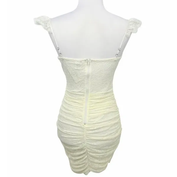 Windsor Lace Mini Dress Medium Cream Ruched Bodycon Bustier Coquette Romantic - Image 4