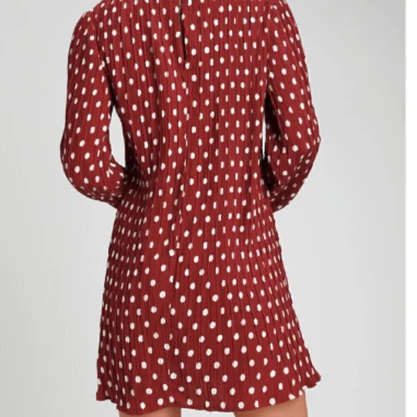 Lulus Pleat to Meet You Wine Red Polka Dot Long Sleeve Shift‎ Dress - Image 3