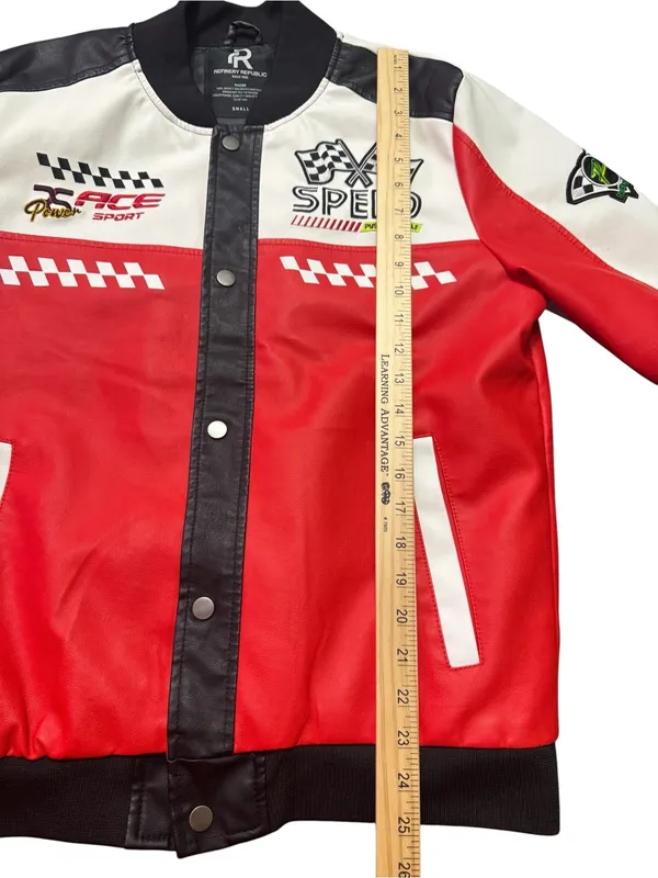Red and White Racing Bomber Jacket with Checkered Details - Image 10