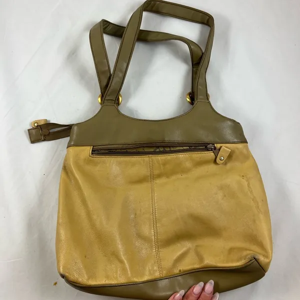 Vintage yellow green multi pocket shoulder hand bag purse - Image 2