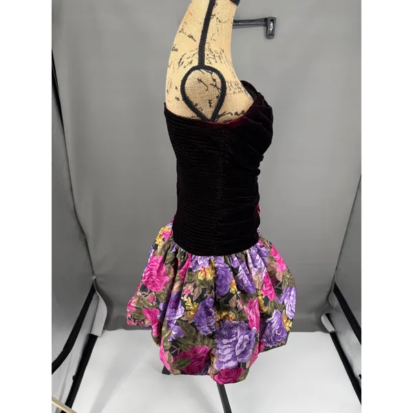 Vtg Strapless Mini Dress 8 Black Floral 80s‎ Velvet Bubble Skirt Prom Homecoming - Image 16