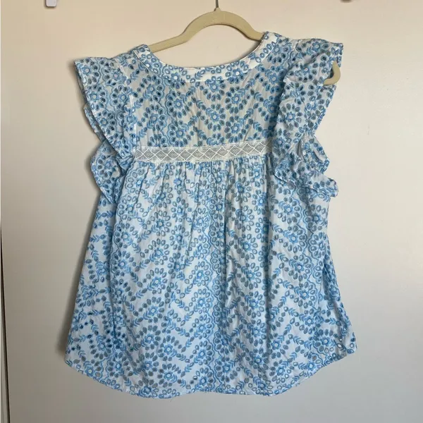 Floral Eyelet Embroidered Button-Up Blouse - Light Blue & White Sleeve - Image 3