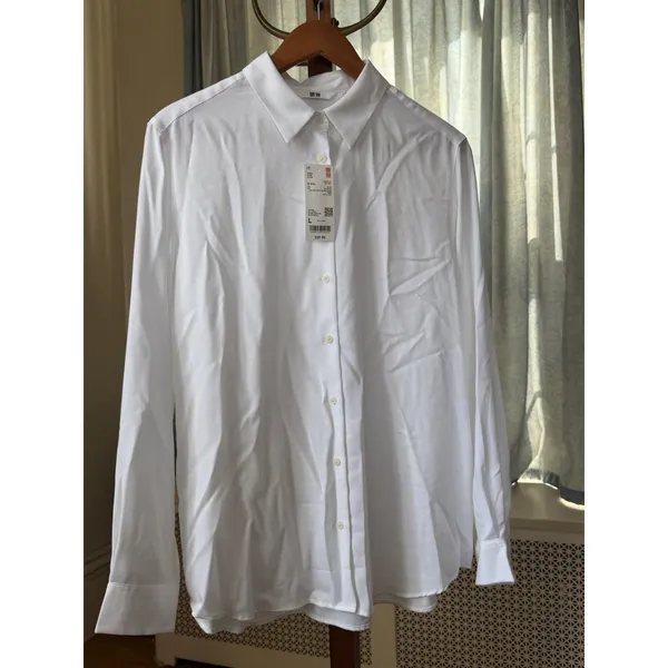 UNIQLO Women's L White Solid Collared Long Sleeve Button Women's Rayon Blouse - Image 2