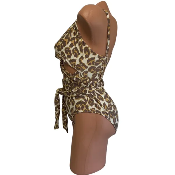 Aerie One Piece Swimsuit Medium Brown Leopard Print Wrap Cutout Tie Front Beach - Image 3