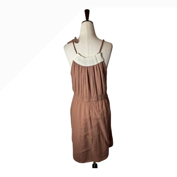 Anthropologie Left of Center Dress Women Medium‎ Brown Pleated Neck Mini Boho - Image 3