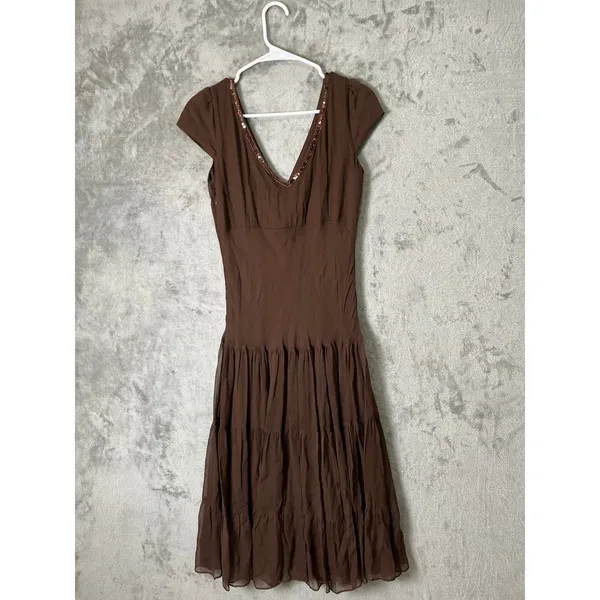 Vintage Y2K Babydoll Silk Chiffon Sequin Brown Midi Dress Small‎ Earth Fairy New - Image 3