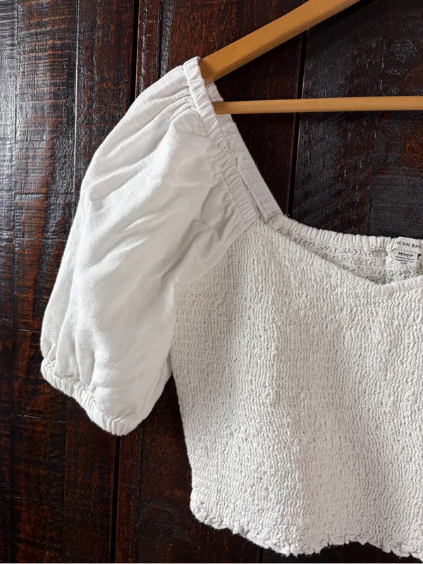 American Eagle Cotton Linen White Puff Sleeve Smocked Crop Top - M - Image 5