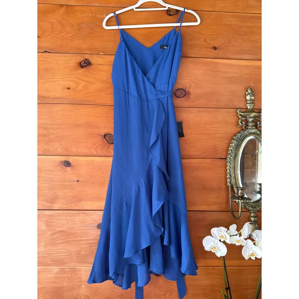 NWT Lulus Manhattan Moment Blue Ruffled Midi Wrap Dress Gala Banquet Size XS - Image 2