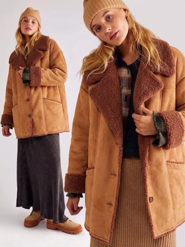 Free People Western Bohemian Retro 70s Faux Sherpa Suede Diogo Coat Size XL - Image 2