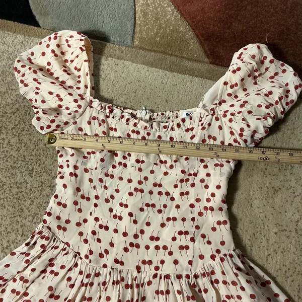 Reformation Coquette Cherry Print Smocked Mini Dress Red‎ Short Sleeve Size 10 - Image 5