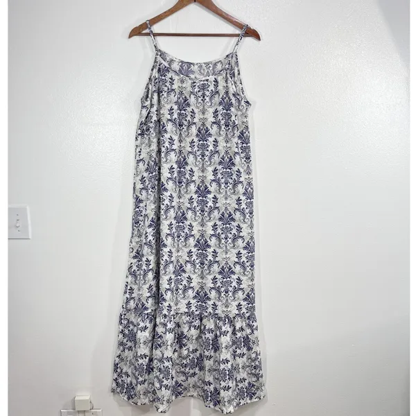 Dokotoo Boho Blue White Damask Paisley‎ Spaghetti Strap Tiered Maxi Dress XL NWT - Image 4