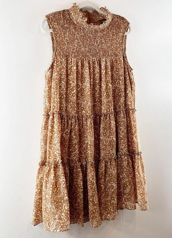Taylor Smocked Tiered Printed Mini Dress Brown XL - Image 5