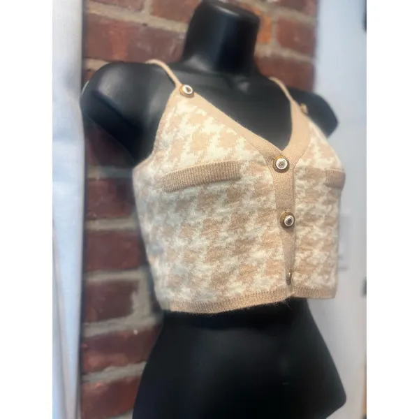 Preppy Houndstooth Cropped Cardigan & Cami Set Y2K Collegiate Small - Image 4