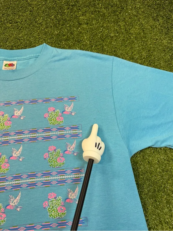 Vintage Fruit of the Loom Single Stitch Blue Babydoll T-Shirt Hummingbird Cactus - Image 4