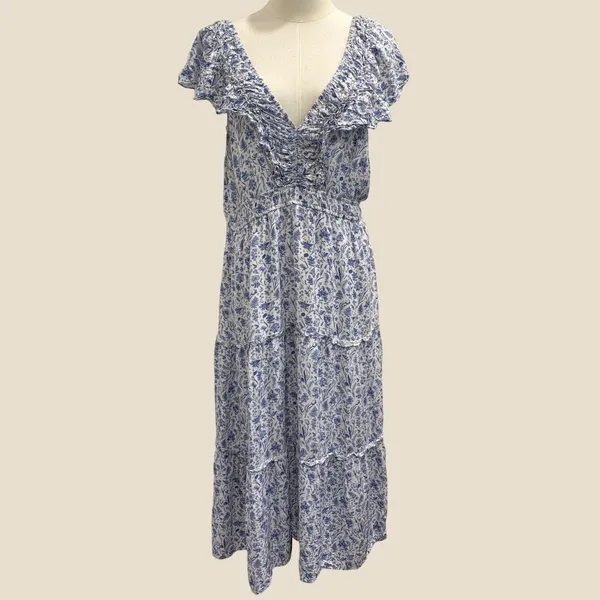 Baltic Born Crete Midi Dress Blue White Floral Toile Ruffle Tiered XL Cottage‎ - Image 3