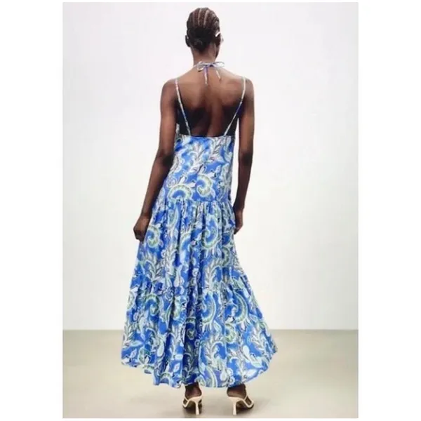 Zara Paisley Ikat Halter Midi Dress Womens XS Blue Boho Tiered‎ Cotton Summer - Image 2
