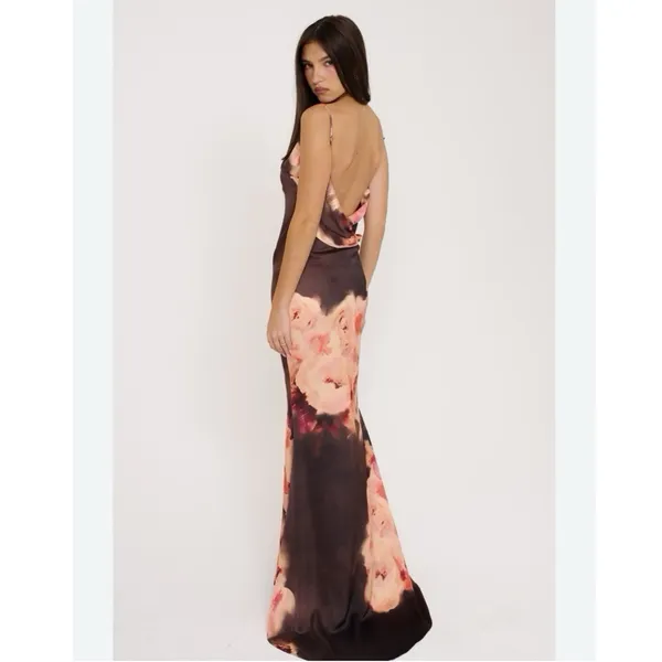 House of CB Mariamma Dark Brown Floral Printed Satin Maxi Dress - Image 6