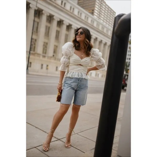 NEW LPA Dolores Top S Ivory Sheer Dot Puff Sleeve Cutout Pleated Peplum Tulle - Image 4