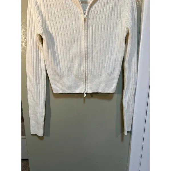 Divided H&M Women's Size Small Full Zip Cardigan Sweater White Ribbed Double Zip - Image 4