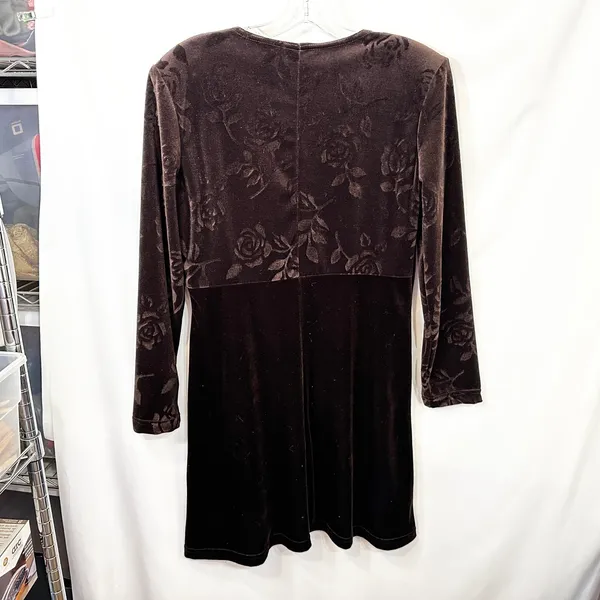 VTG Dress Brown Velvet Burnout Sz 12 Rose Print‎ A-Line Y2K 90s Long Sleeve 1590 - Image 2