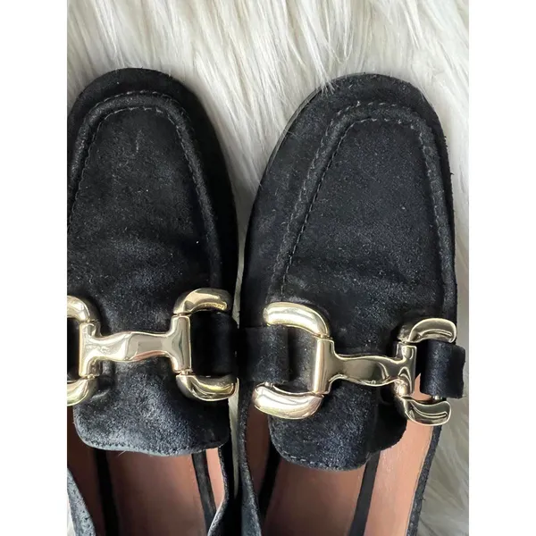 Black Women's Suede Loafers with Gold Buckle Detail Size 9 - Image 3
