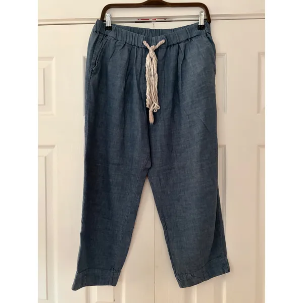 Free People Women Blue Cotton Linen Chambray Rope Drawstring Crop Pants Large - Image 2