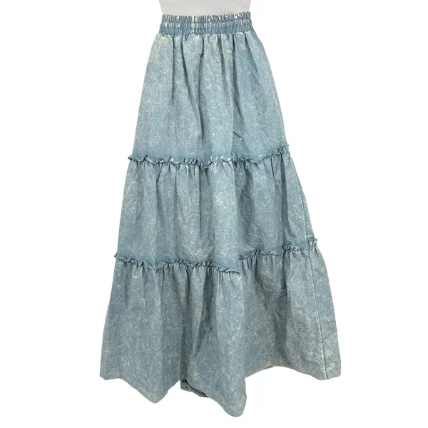Zenana Maxi Skirt Women LG Blue Acid Wash Tiered Cotton Ruffle Western Boho‎ - Image 4