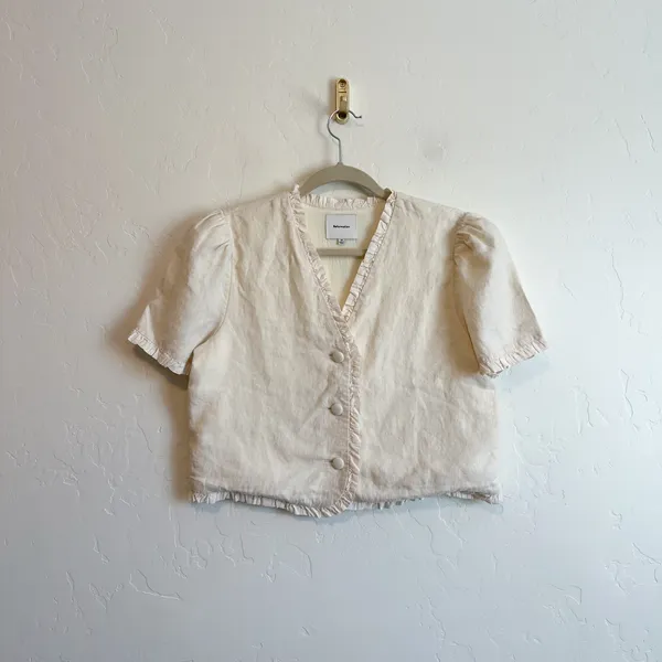 Reformation | Bess 100% Linen Puff Sleeve Ruffle Top in Sugar Cream | Size Med - Image 10