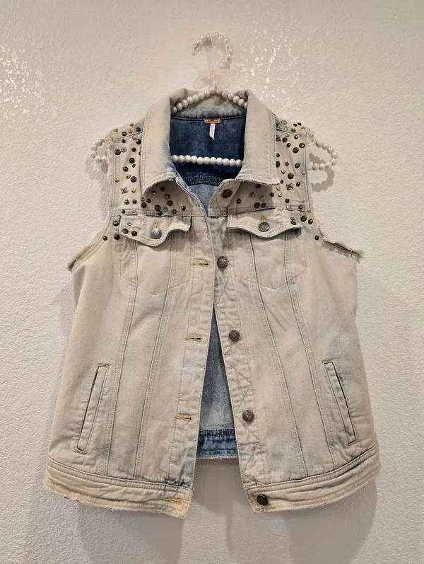 Free People Studded Grunge Distressed Denim Vest Acid Wash S - Image 2