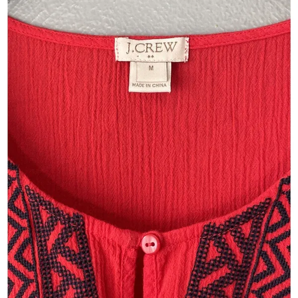 J Crew Pom Pom Tunic Top Size Medium Red Blue Gauze Embroidered Coastal Boho - Image 5