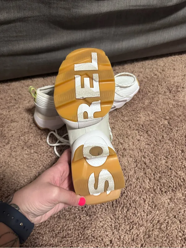 Sorel White Knit Lace-Up Platform Sneakers with Gum Outsole and Yellow Heel Tab - Image 2