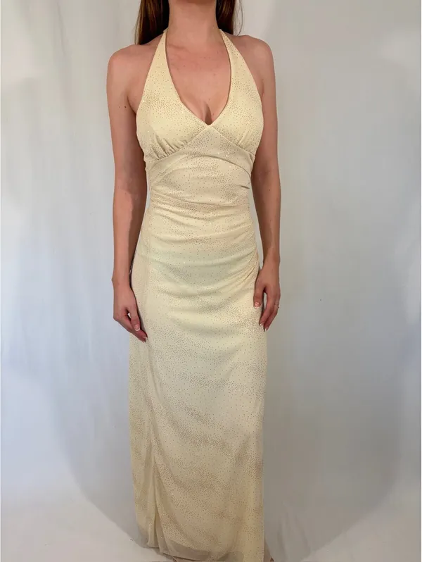 Sparkly Cream White Vintage Halter Neck Ruffle Party Formal Dress - Image 4