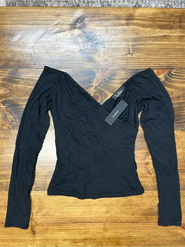 Lulus Most Important Black Ribbed Surplice Long Sleeve TopSize Medium NWT - Image 4