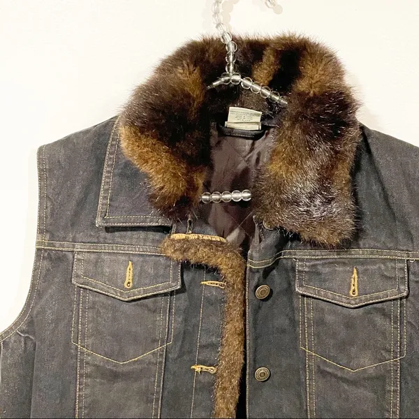 St Johns Bay Large Dark Wash Faux Fur Lined Cotton‎ Denim Jean Vest - Image 2